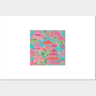 Preppy pink and orange chinoiserie pagoda garden on turquoise Posters and Art